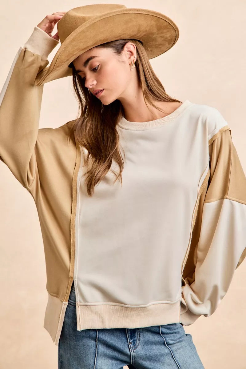 BiBi beige cream two-tone bomber sweatshirt with faux leather sleeves