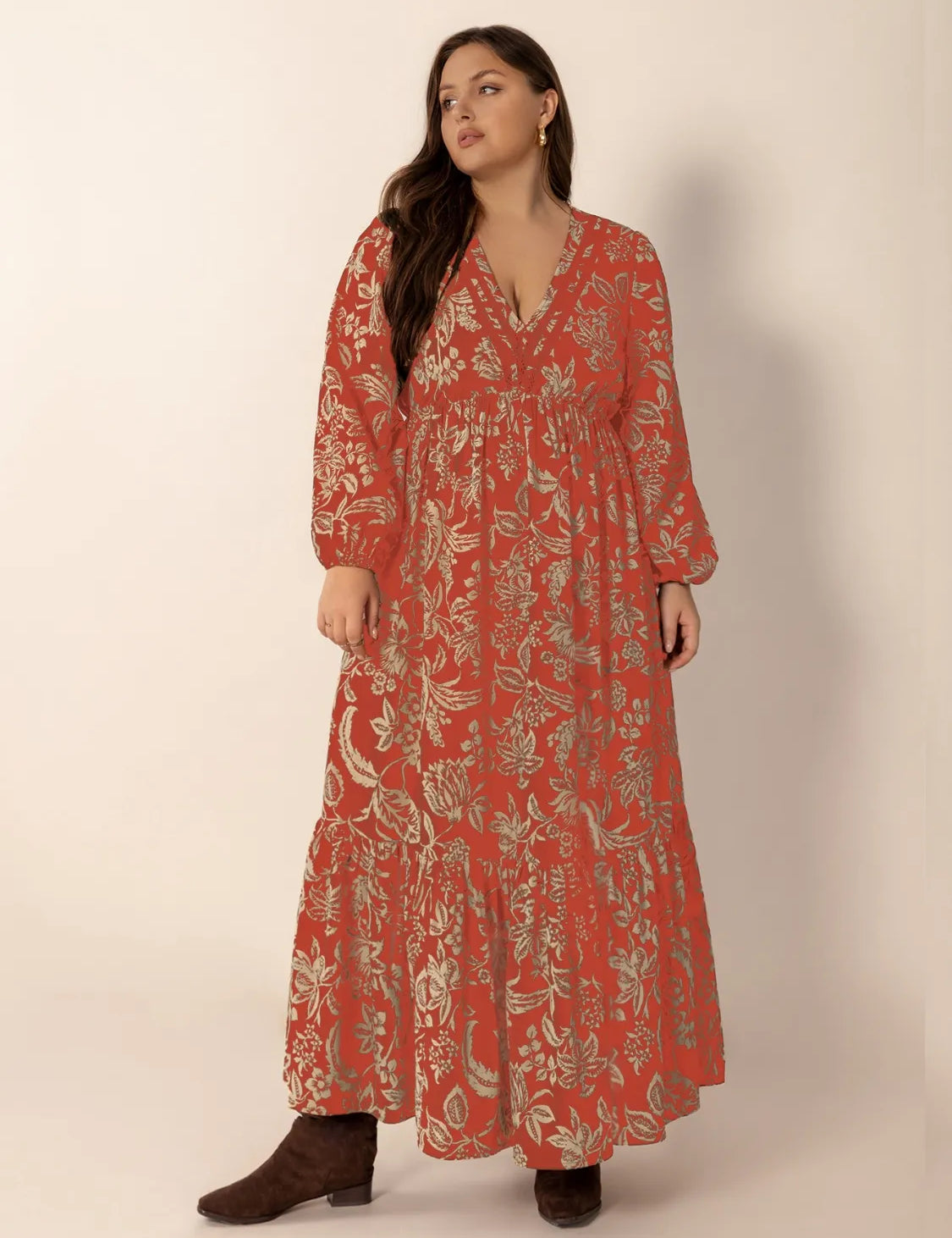 Plus Size Lace Detail Printed Balloon Sleeve Midi Dress | Daverri Fashions