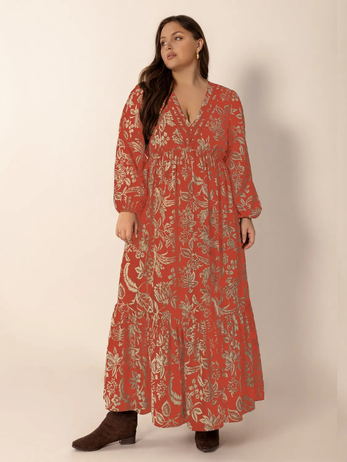 Plus Size Lace Detail Printed Balloon Sleeve Midi Dress | Daverri Fashions