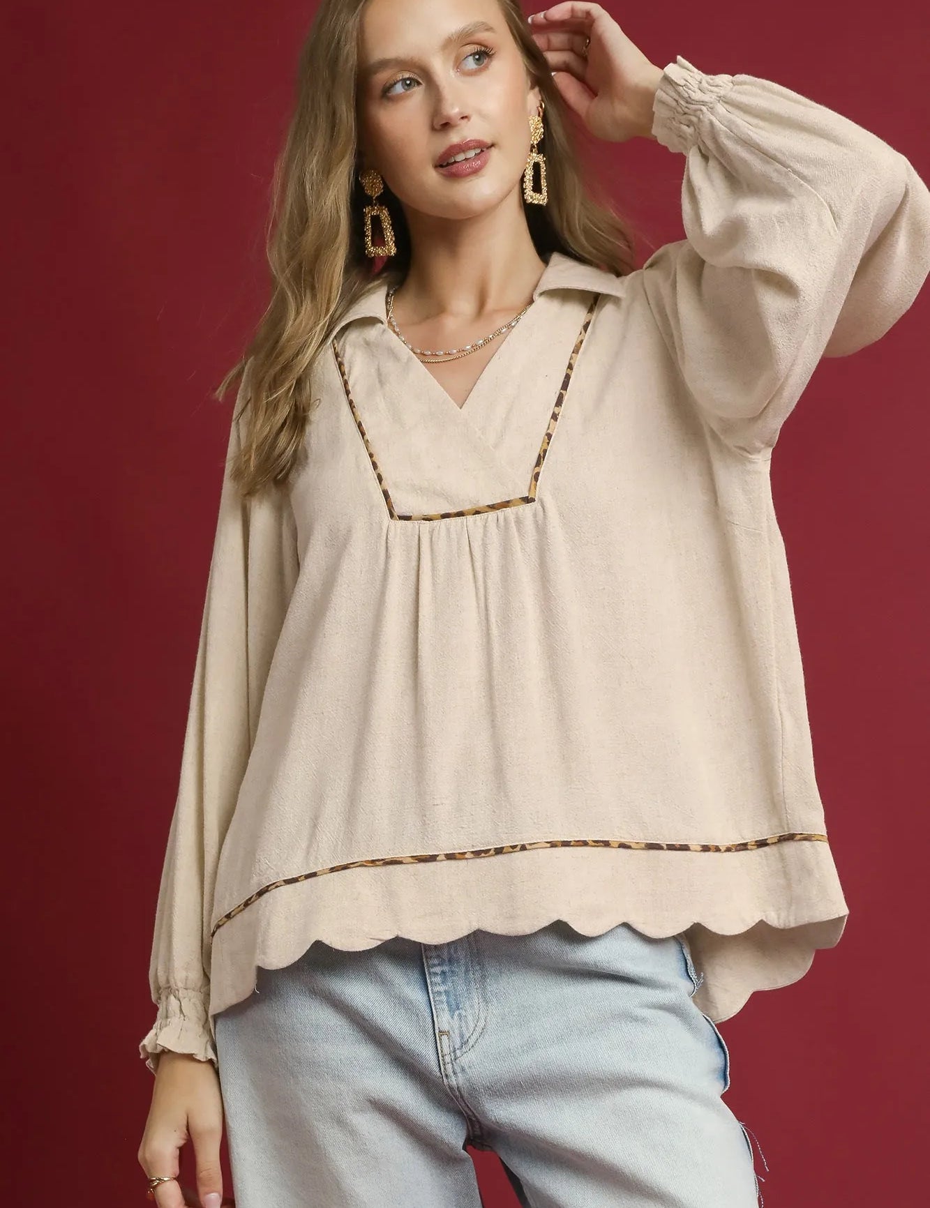 OATMEAL Umgee Full Size Linen Scallop Hem Blouse with Contrast Trim Plus Size | Daverri Fashions