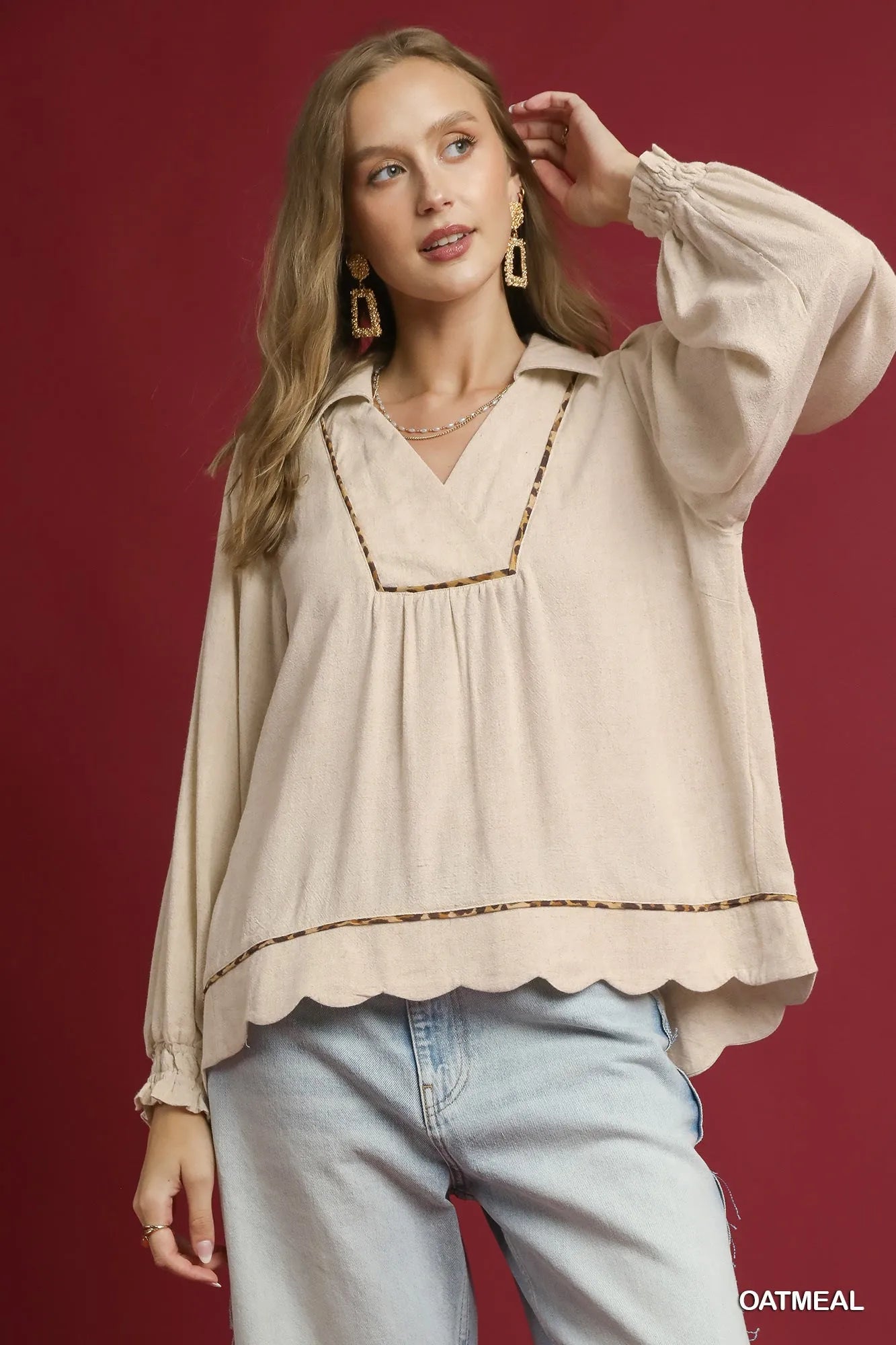 OATMEAL Umgee Full Size Linen Scallop Hem Blouse with Contrast Trim Plus Size | Daverri Fashions