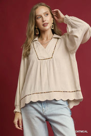 OATMEAL Umgee Full Size Linen Scallop Hem Blouse with Contrast Trim Plus Size | Daverri Fashions