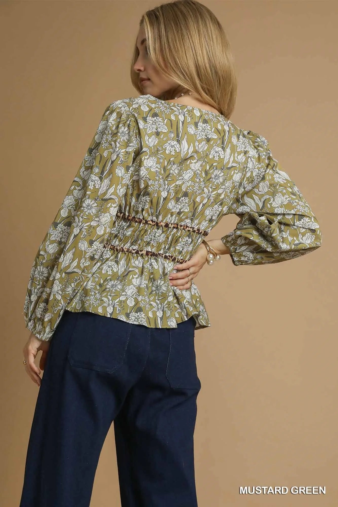 Umgee Floral Smocked Peplum Blouse with Tie Detail Blouses