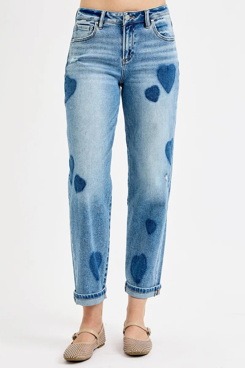 RISEN Full Size Mid Rise Fit-boyfriend Heart Shade Jeans Plus Size LIGHT Jeans