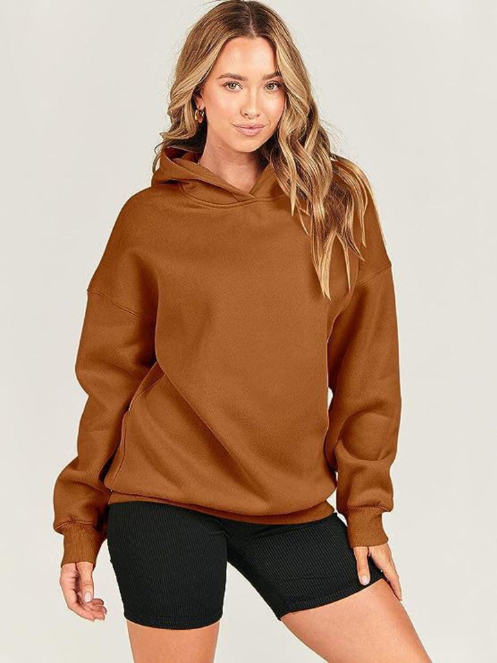 Dropped Shoulder Long Sleeve Hoodie Caramel Tops