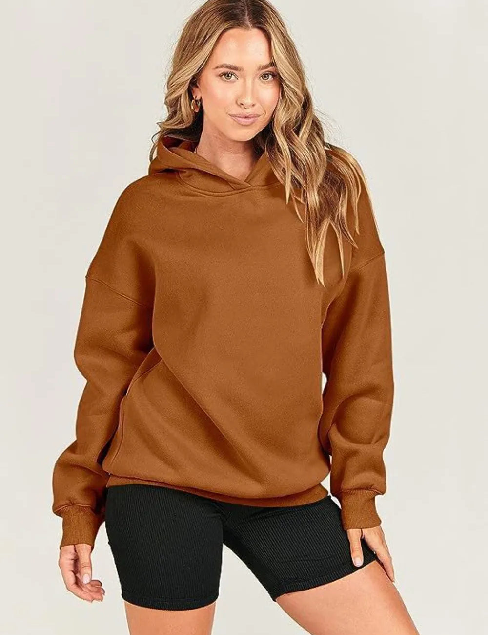 Caramel Dropped Shoulder Long Sleeve Hoodie | Hoodies Daverri Fashions