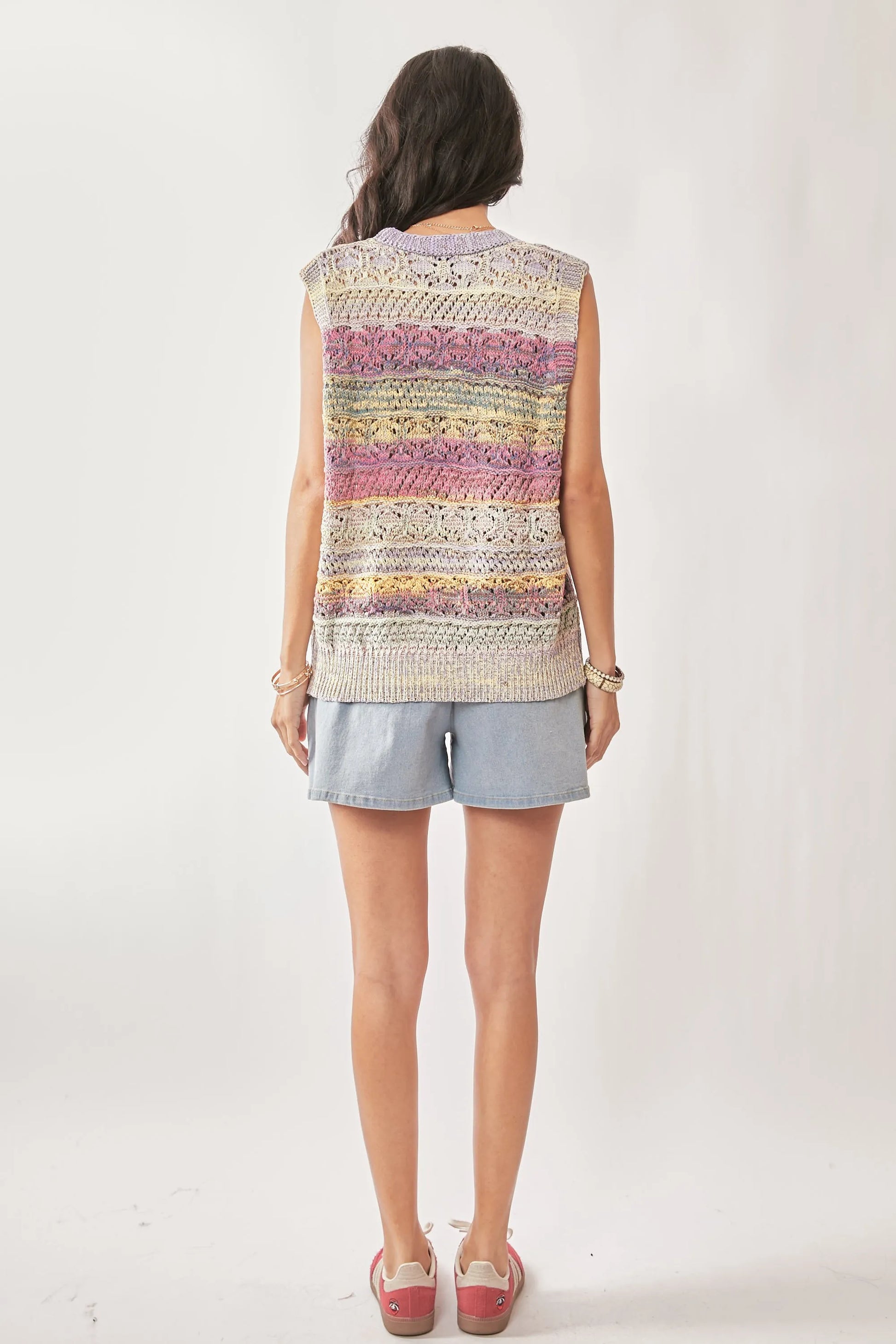 Davi & Dani pastel striped crochet sleeveless knit vest in lavender, yellow, beige