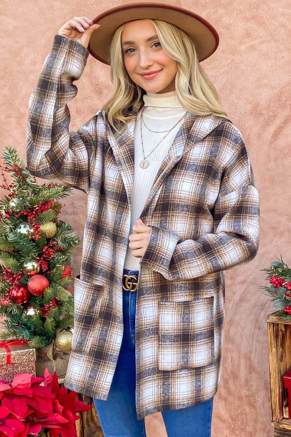 And The Why Plaid Open Front Hooded Shacket Brown Multi M