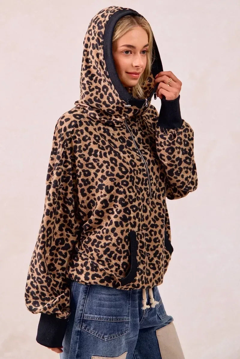 BiBi Leopard Print Waffle Half Zip Up Hoodie W Pocket - DAVERRI FASHIONS