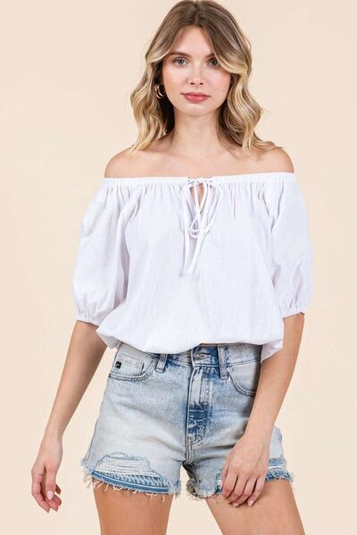 Mittoshop Linen Two-Way Short Sleeve Crop Blouse