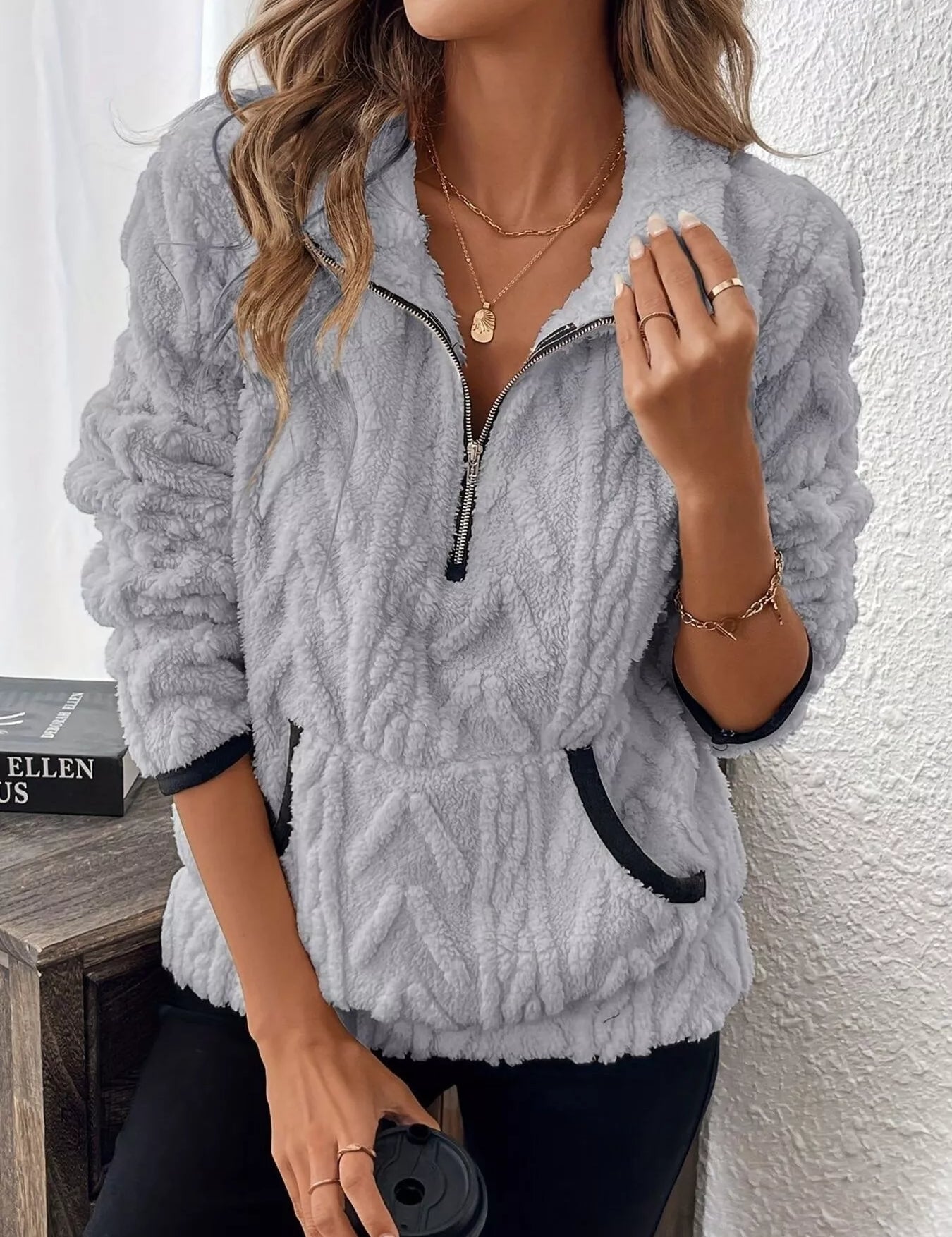 Light Gray Cozy Sherpa Half Zip Sweatshirt | Sweatshirts Daverri Fashions