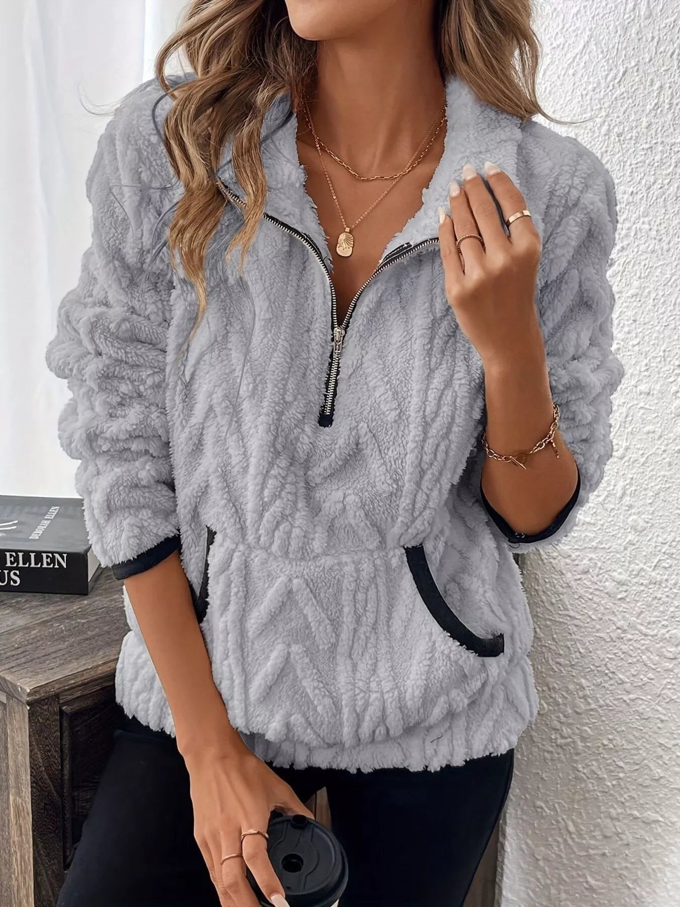 Light Gray Cozy Sherpa Half Zip Sweatshirt | Sweatshirts Daverri Fashions