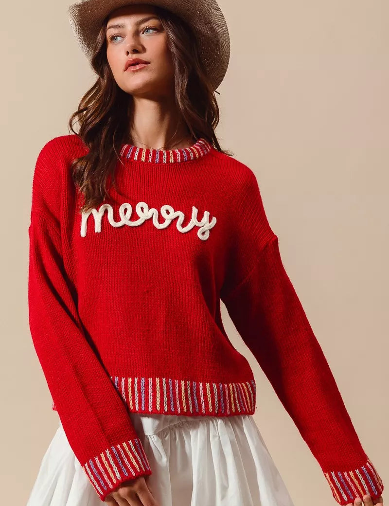 RED IVORY XL SO ME Merry Lettering Embroidered Christmas Sweater | Sweaters Daverri Fashions