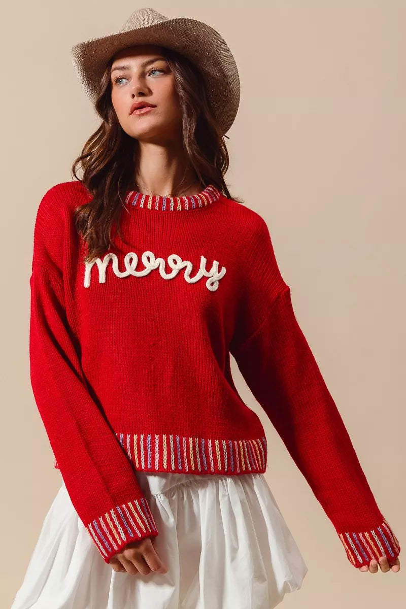 RED IVORY SO ME Merry Lettering Embroidered Christmas Sweater | Sweaters Daverri Fashions