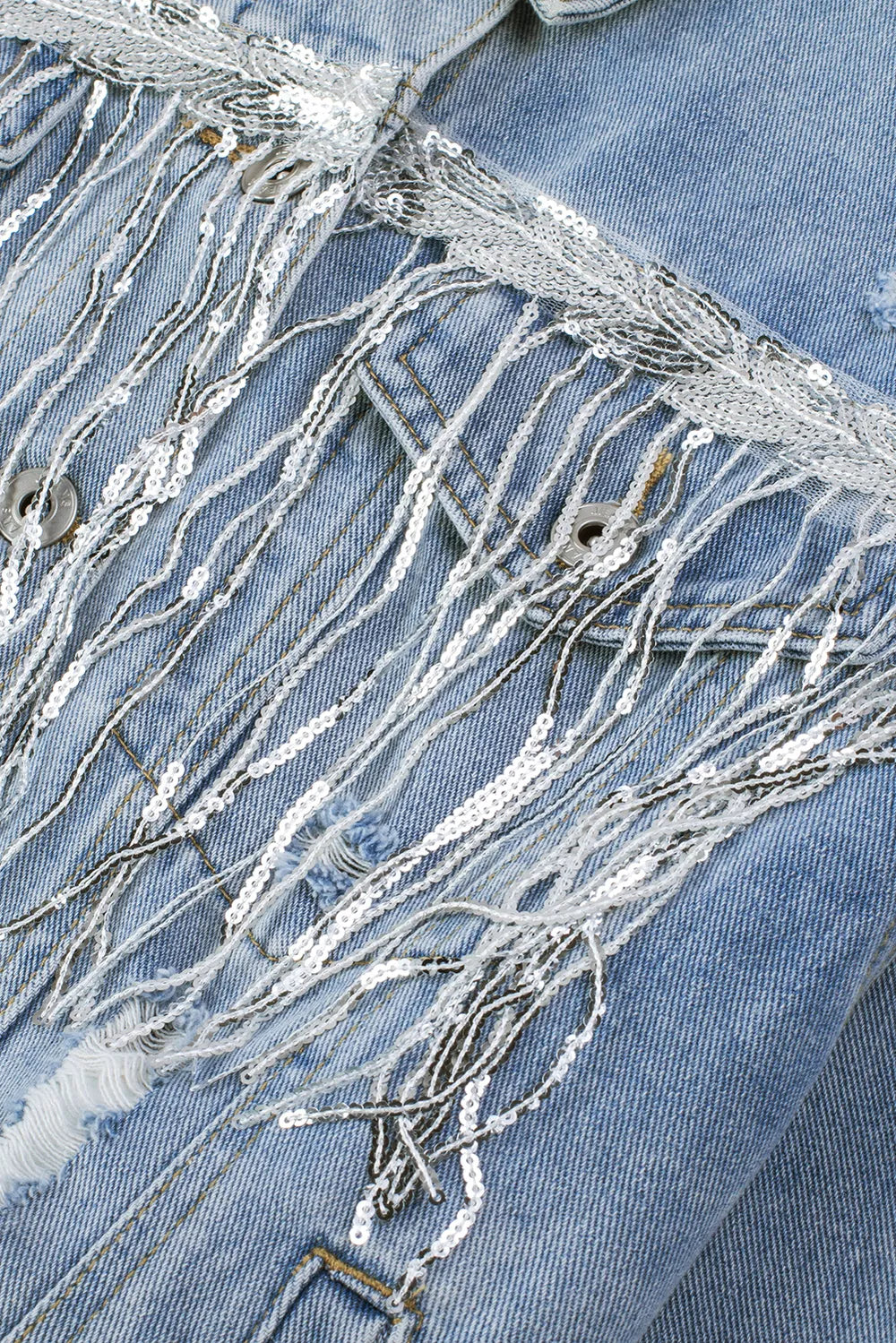 Sequin Fringe Trim Distressed Button Up Denim Jacket | Denim Jackets Daverri Fashions