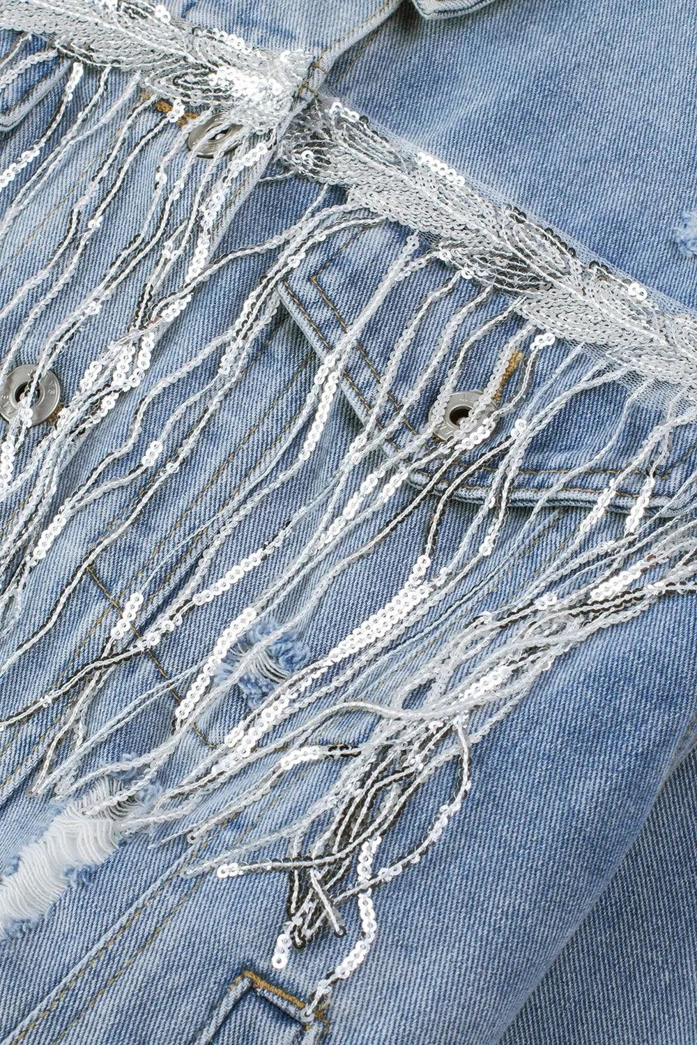 Sequin Fringe Trim Distressed Button Up Denim Jacket - DAVERRI FASHIONS