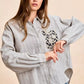 BiBi Flower Jacquard Knit Patch Pocket Stripe Shirt in gray-white stripes