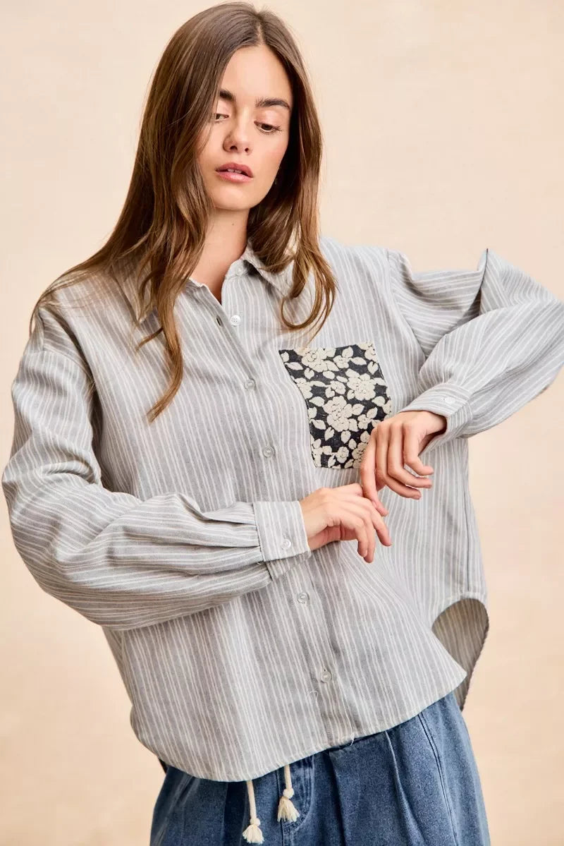 BiBi Flower Jacquard Knit Patch Pocket Stripe Shirt in gray-white stripes