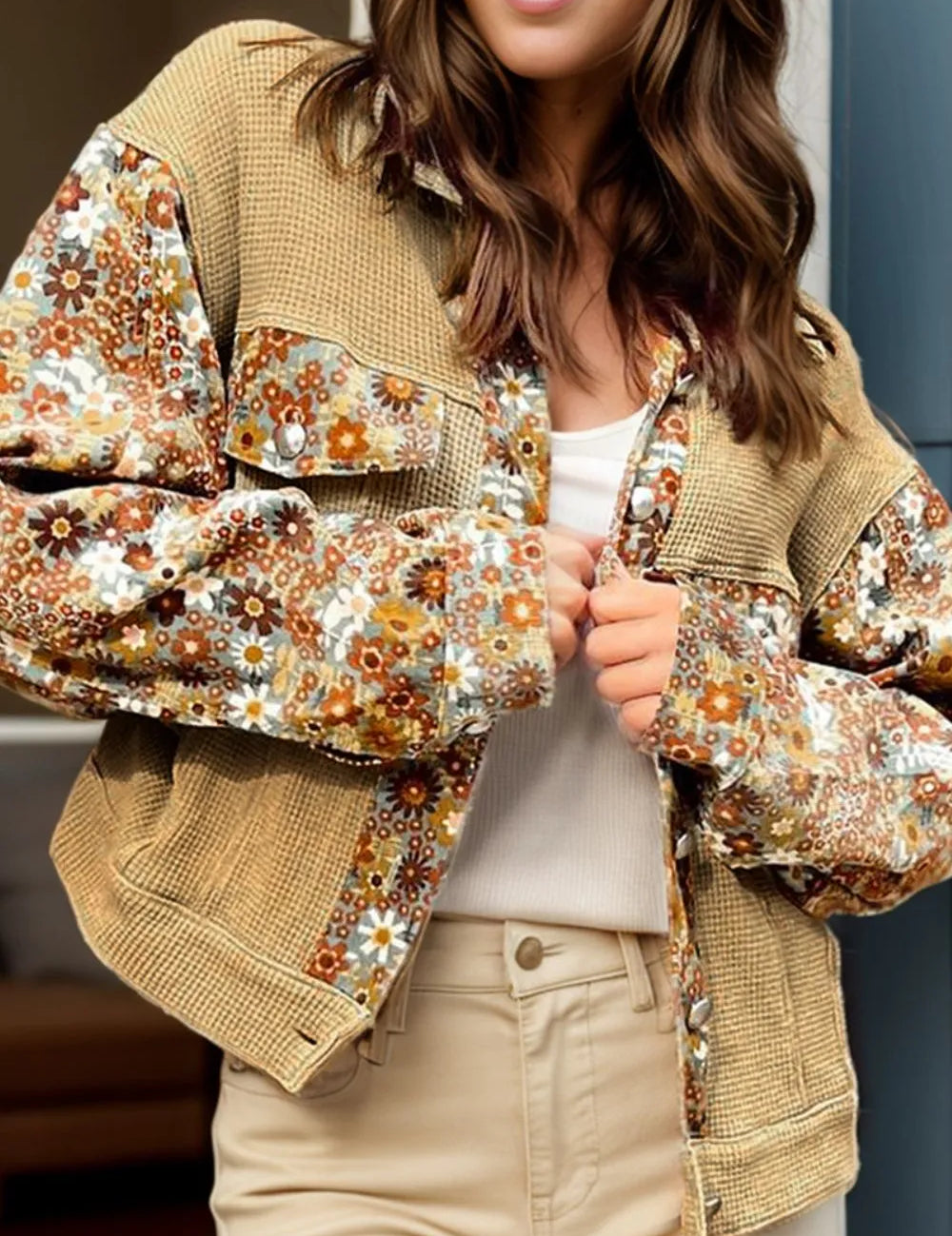 Brown floral printed collared corduroy jacket with zipper pockets