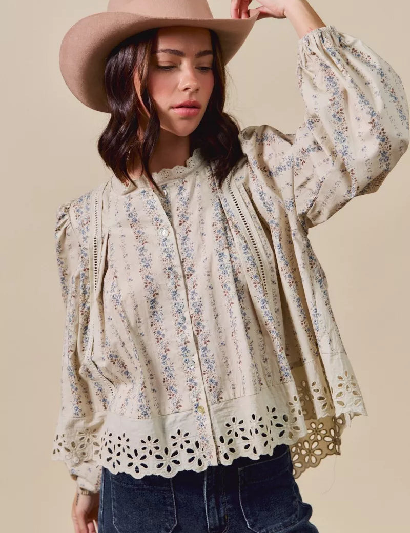 BLUE SO ME Floral Print Lace Button Down Shirt | Daverri Fashions