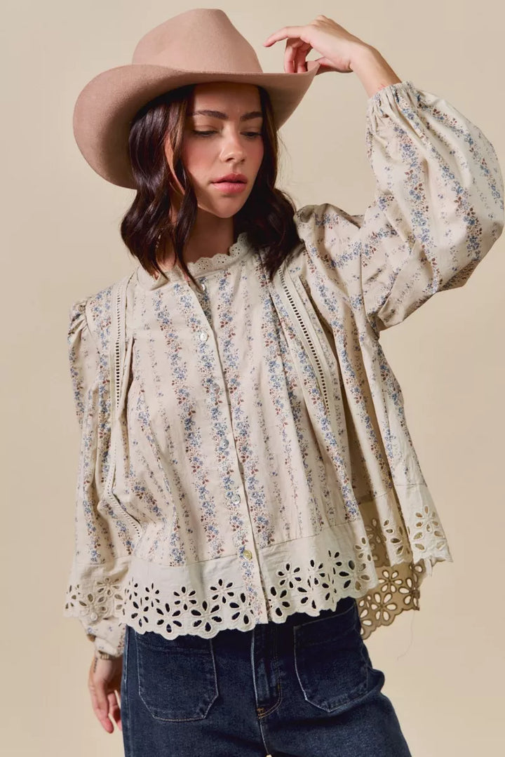 BLUE SO ME Floral Print Lace Button Down Shirt | Daverri Fashions
