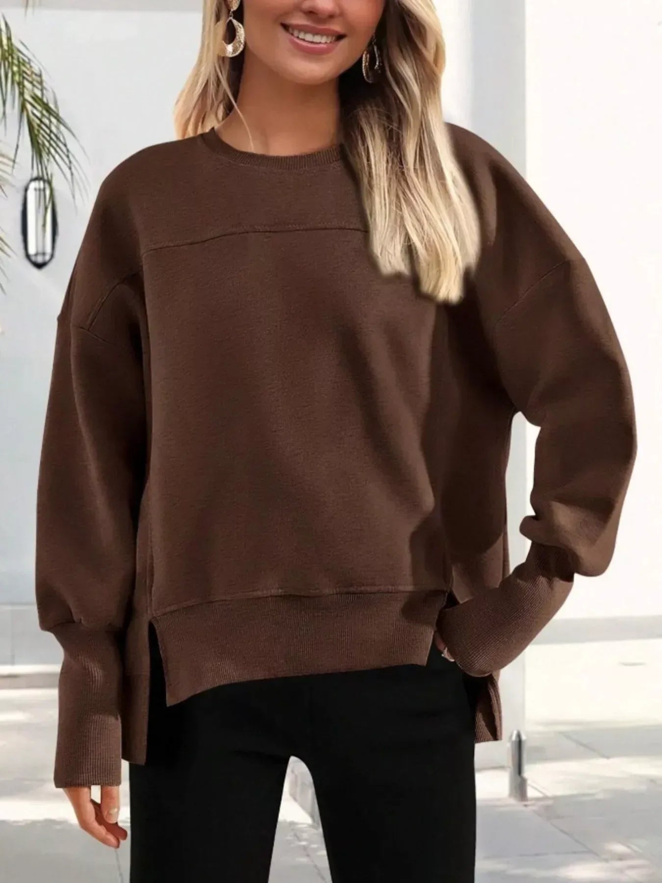 Slit Round Neck Dropped Shoulder Sweatshirt - DAVERRI FASHIONS