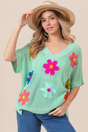 BiBi Flower Patches Dolman Sleeve Lightweight Sweater | Daverri Fashions
