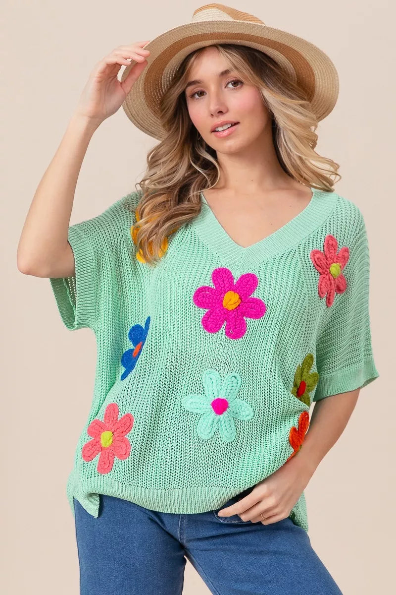 BiBi Flower Patches Dolman Sleeve Lightweight Sweater | Daverri Fashions