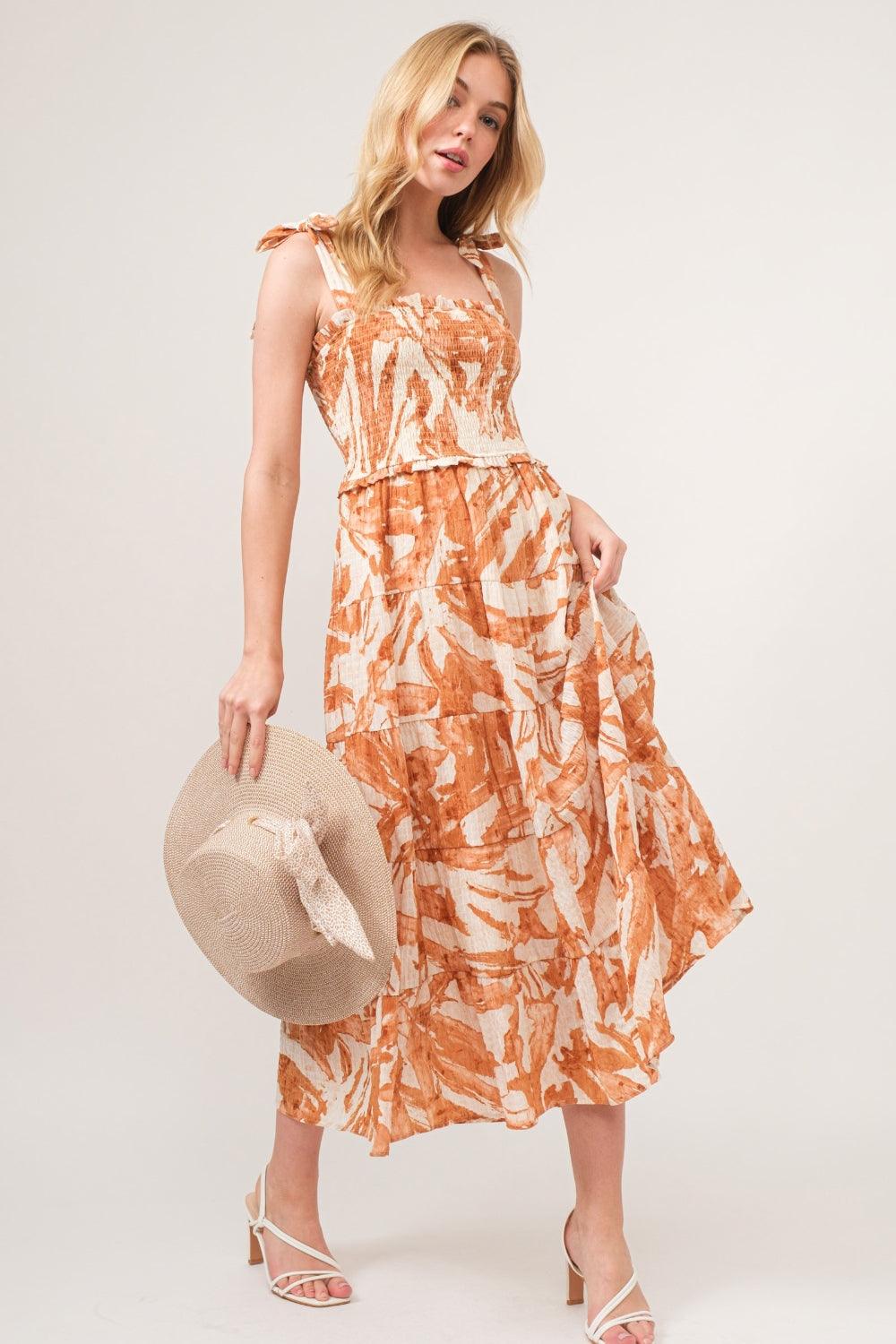 Hazelnut And The Why Tie Shoulder Smocked Midi Tiered Dress | Daverri Fashions