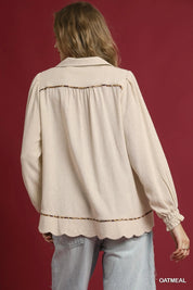 Umgee Full Size Linen Scallop Hem Blouse with Contrast Trim Plus Size | Daverri Fashions