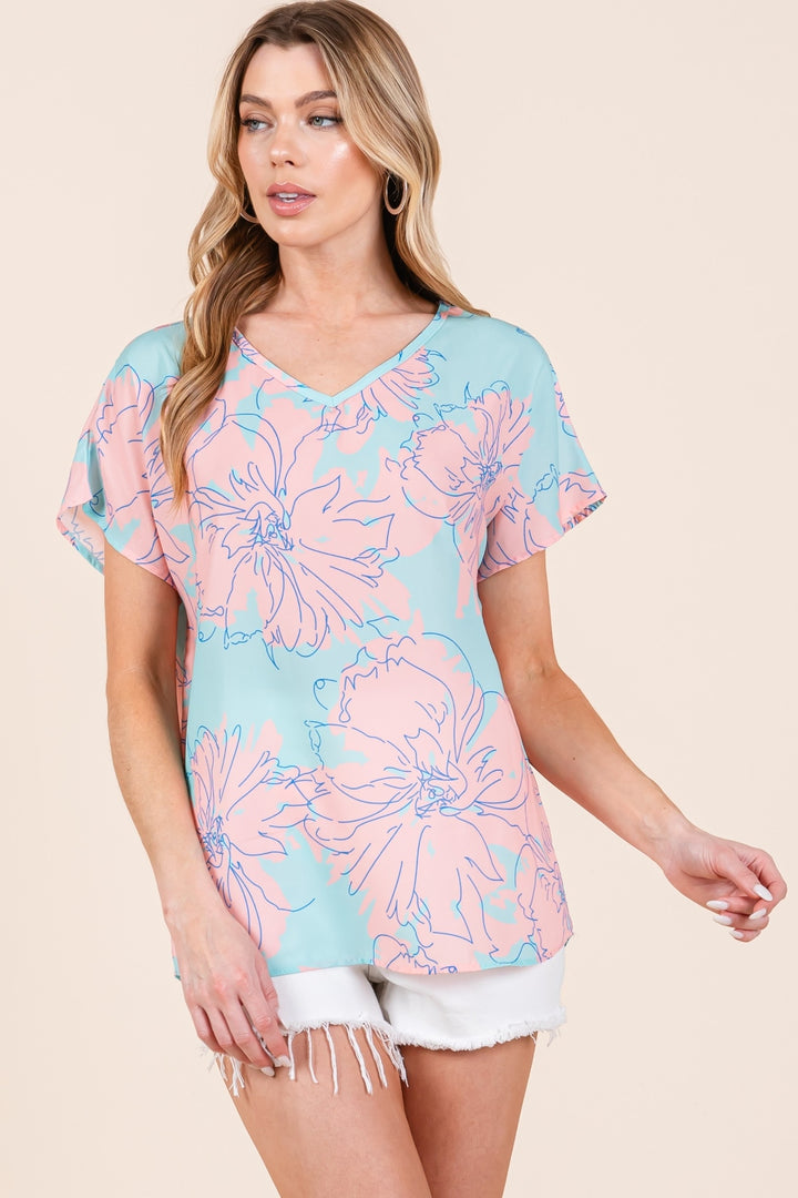 BOMBOM Floral Short Sleeve T-Shirt Aqua-Pink