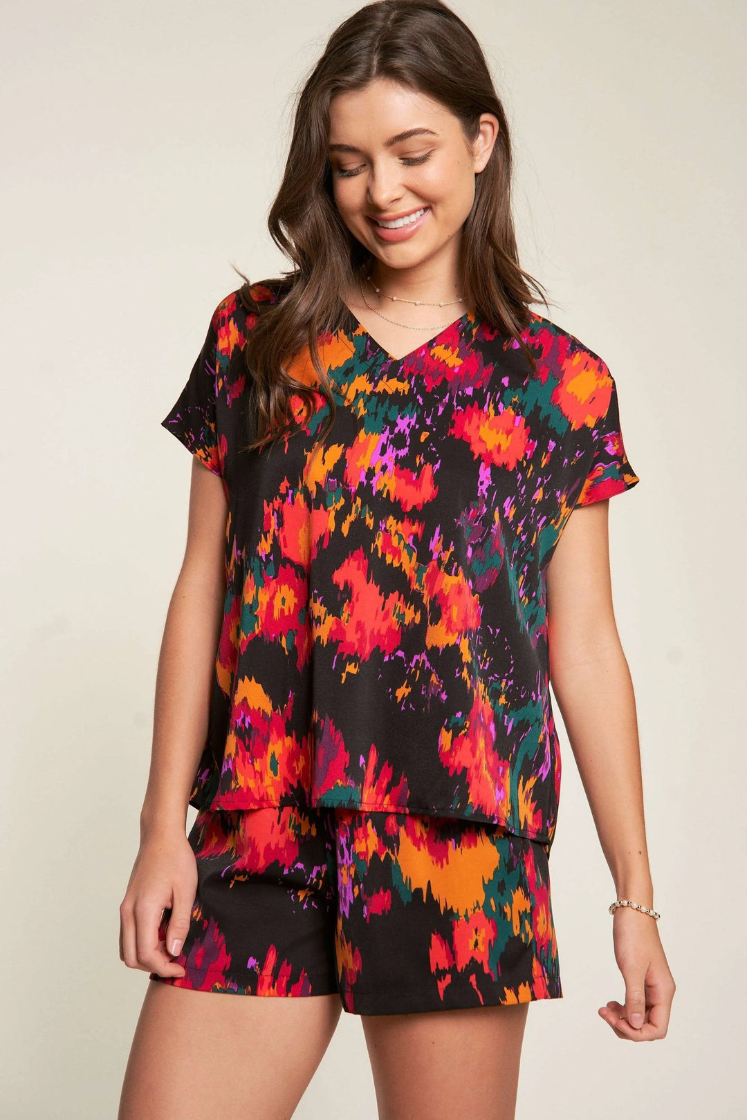 Davi & Dani Printed V Neck Short Sleeve Top and Shorts Set Shorts Sets