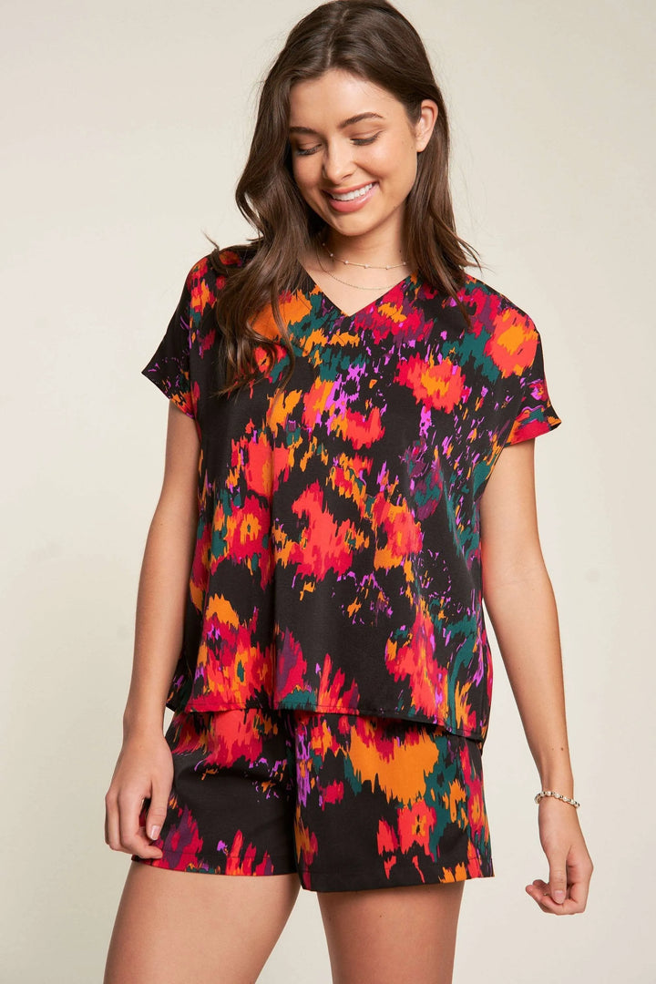 Davi & Dani Printed V Neck Short Sleeve Top and Shorts Set Shorts Sets