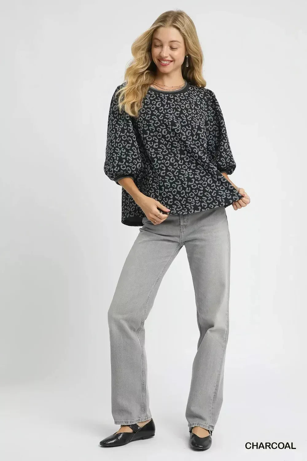 Umgee Leopard Print Jacquard Blouse with Puff Sleeves - DAVERRI FASHIONS