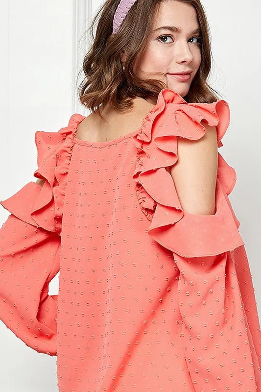 Lime 'N' Chili Ruffle Trim Cold Shoulder Swiss Dot Blouse