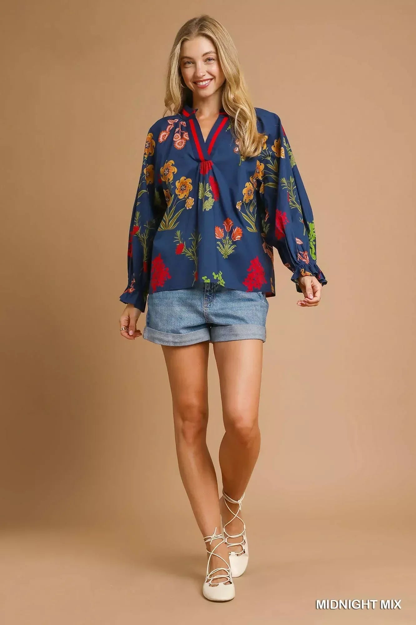 Umgee Floral Print Flounce Sleeve Blouse - DAVERRI FASHIONS