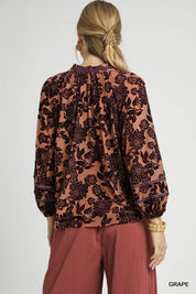 Umgee Floral Velvet Blouse with Balloon Sleeves | Daverri Fashions