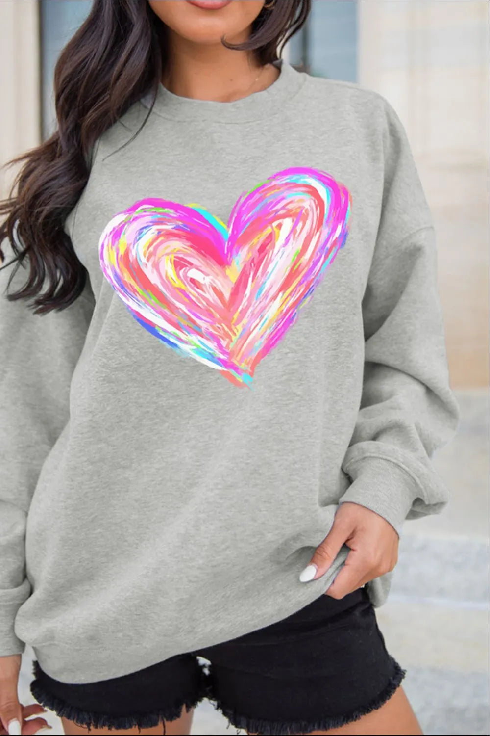 Gray Valentine’s Day Heart Round Neck Drop Shoulder Sweatshirt | Sweatshirts Daverri Fashions