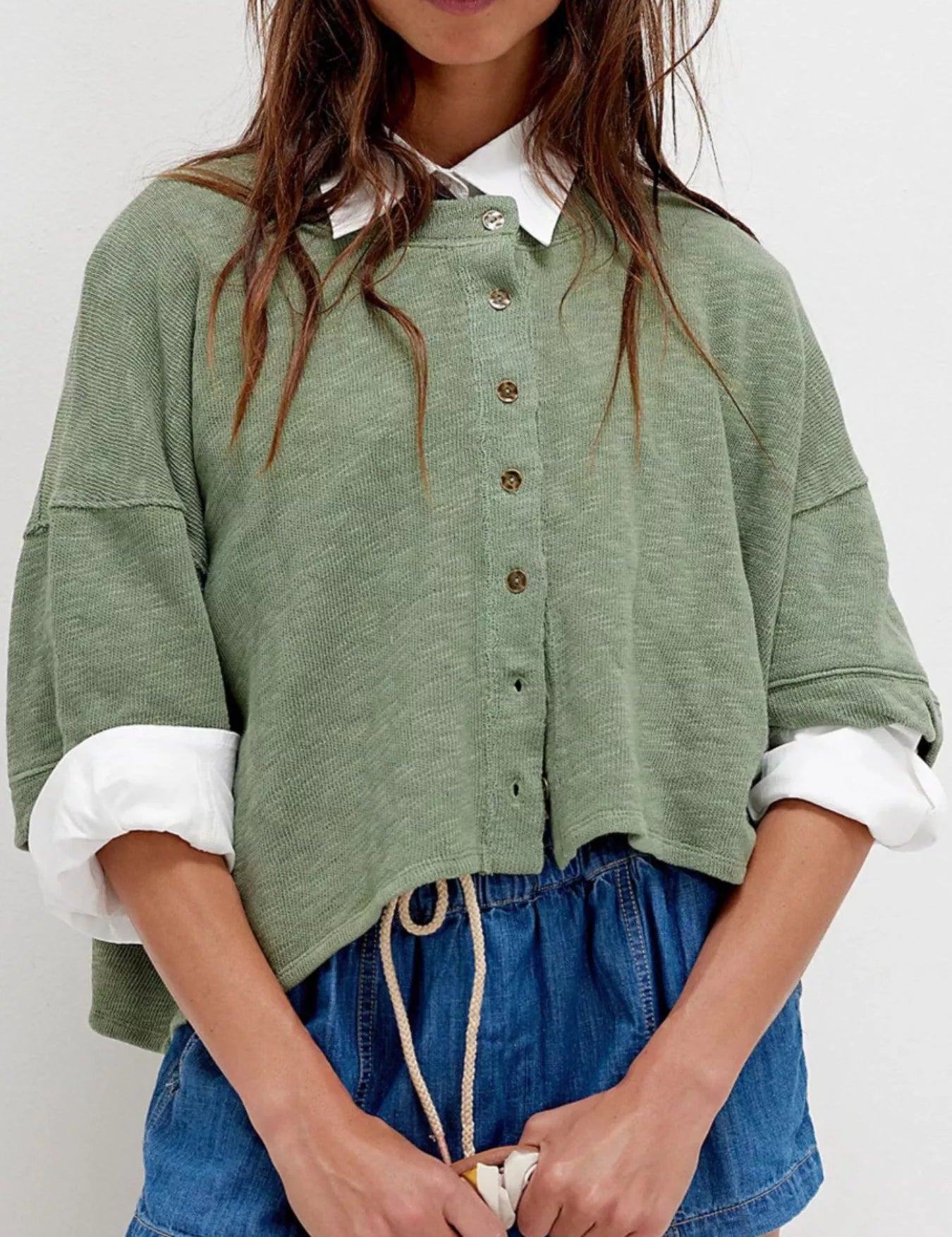Green Button-Front Half Sleeve Cardigan | Cardigans Daverri Fashions