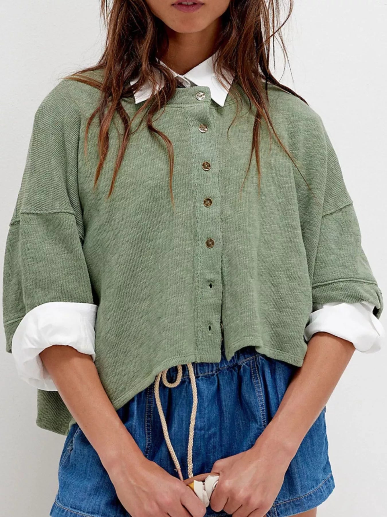 Green Button-Front Half Sleeve Cardigan | Cardigans Daverri Fashions