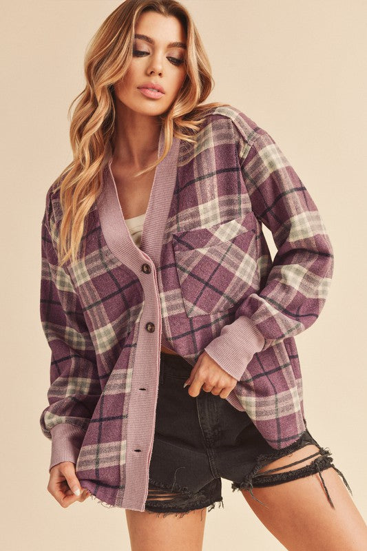 Aemi + Co Side Slit Patch Pocket Plaid Button Down Jacket Purple