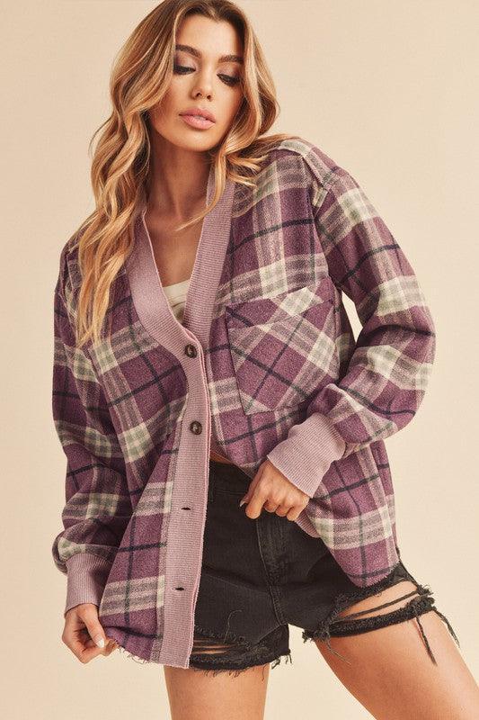 Aemi + Co Side Slit Patch Pocket Plaid Button Down Jacket - DAVERRI FASHIONS
