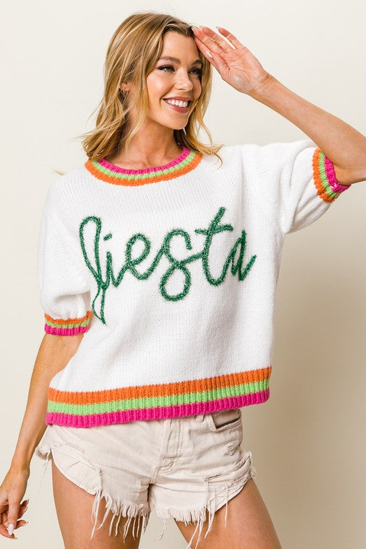 BiBi FIESTA Metallic Letter Short Puff Sleeve Sweater Sweaters