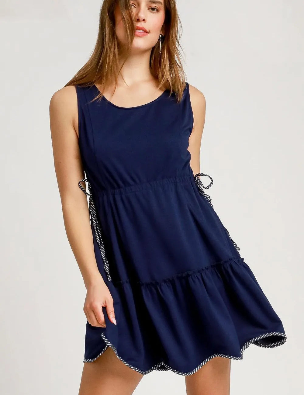 Dark Navy Umgee Frill Drawstring Waist Round Neck Mini Tank Dress | Mini Dresses Daverri Fashions