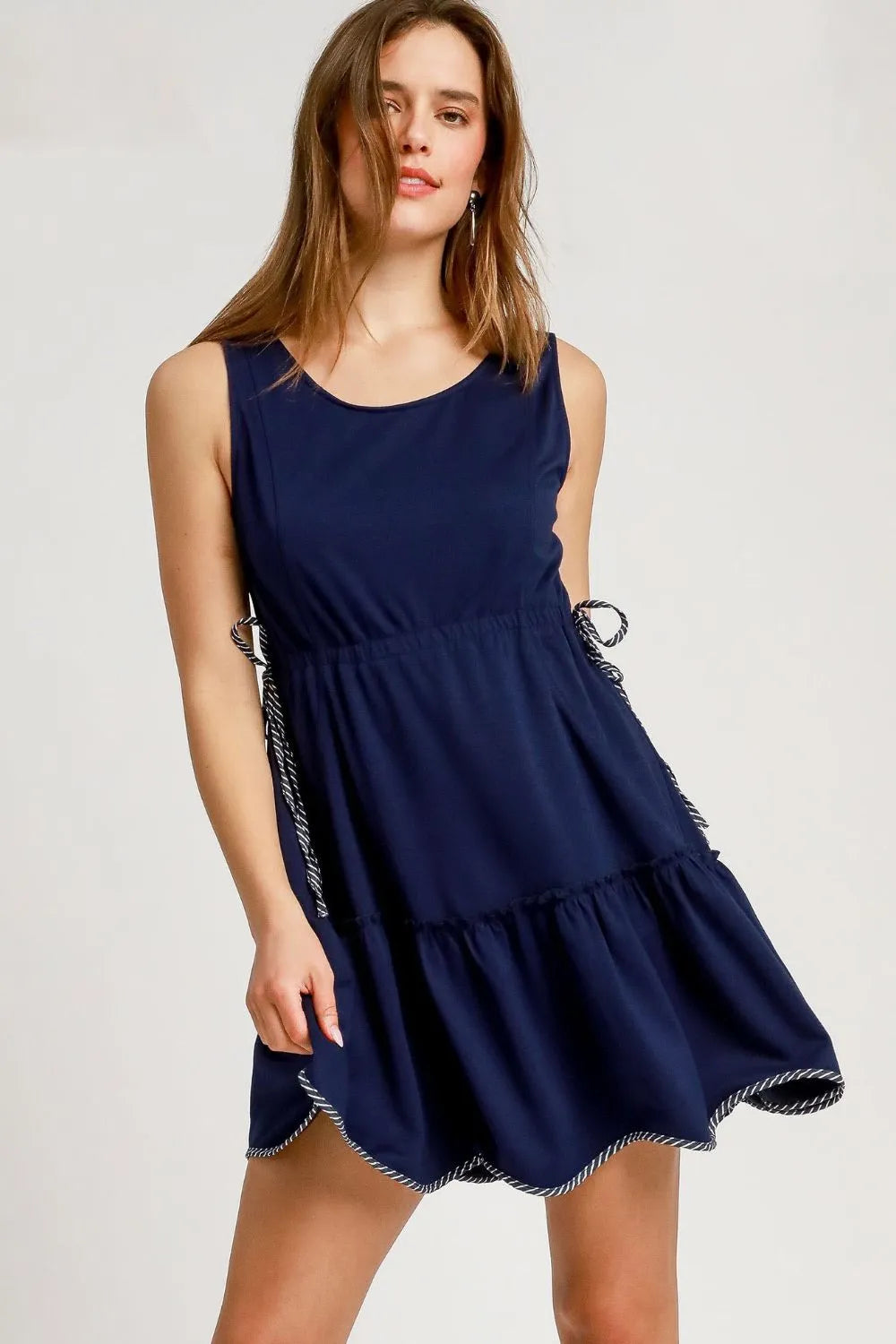 Umgee Frill Drawstring Waist Round Neck Mini Tank Dress Dark Navy Mini Dresses