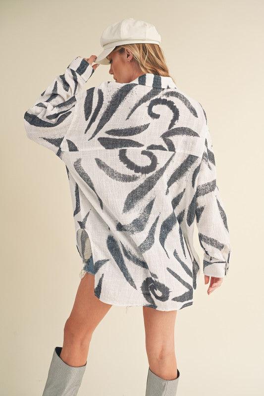 Aemi + Co High-Low Printed Button Up Long Sleeve Shirt | Daverri Fashions
