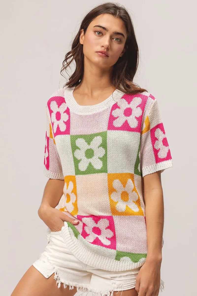 BiBi Flower Checker Pattern Lightweight Sweater Top | Sweaters Daverri Fashions