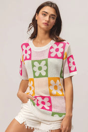 BiBi Flower Checker Pattern Lightweight Sweater Top | Sweaters Daverri Fashions