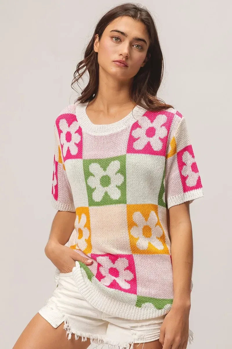 BiBi Flower Checker Pattern Lightweight Sweater Top - DAVERRI FASHIONS