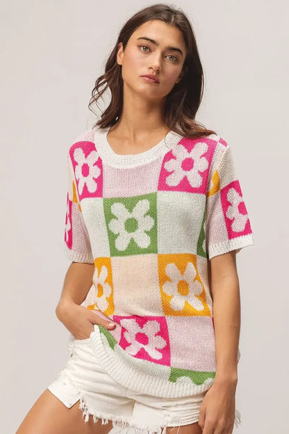 BiBi Flower Checker Pattern Lightweight Sweater Top - DAVERRI FASHIONS